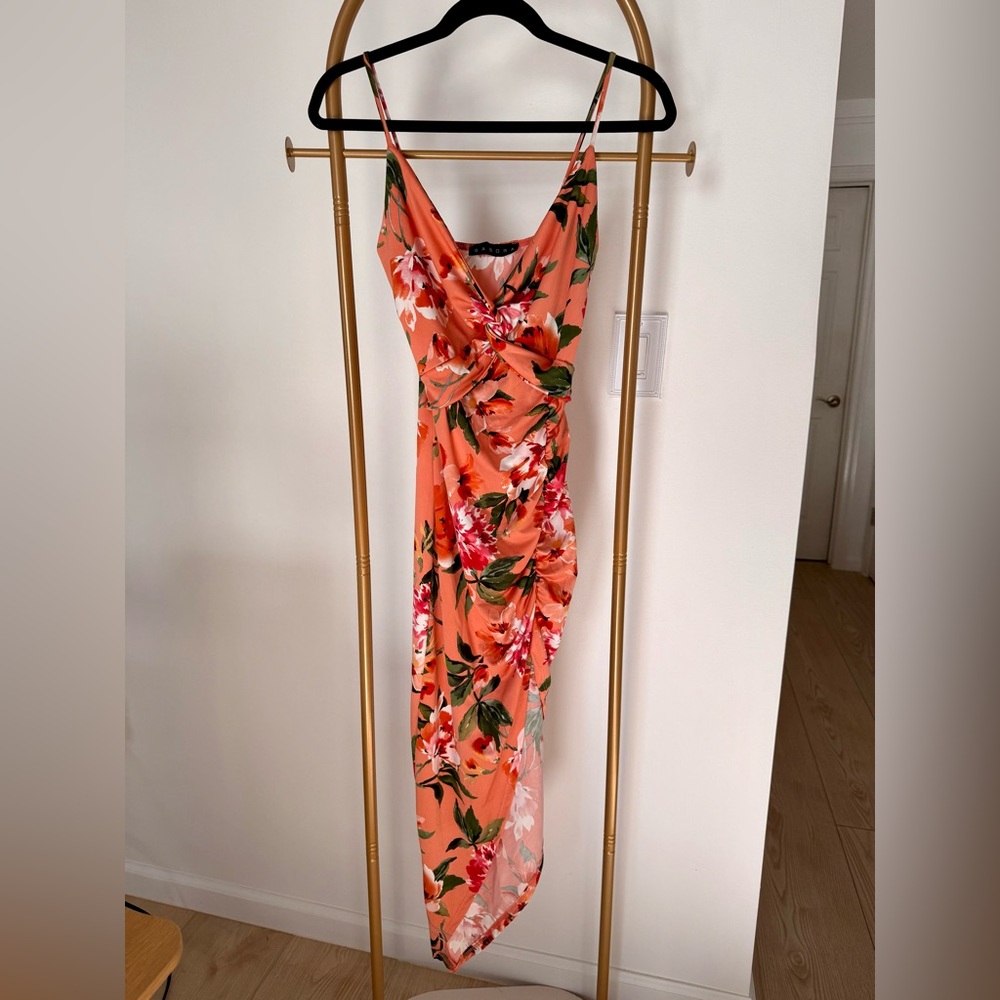Asymmetrical Floral Midi Dress in Orange and Pink